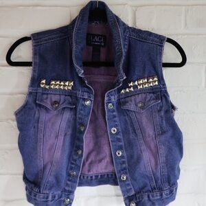 UPCYCLED BLUE AND VIOLET DENIM VEST WITH WOLF PATCHWORK
